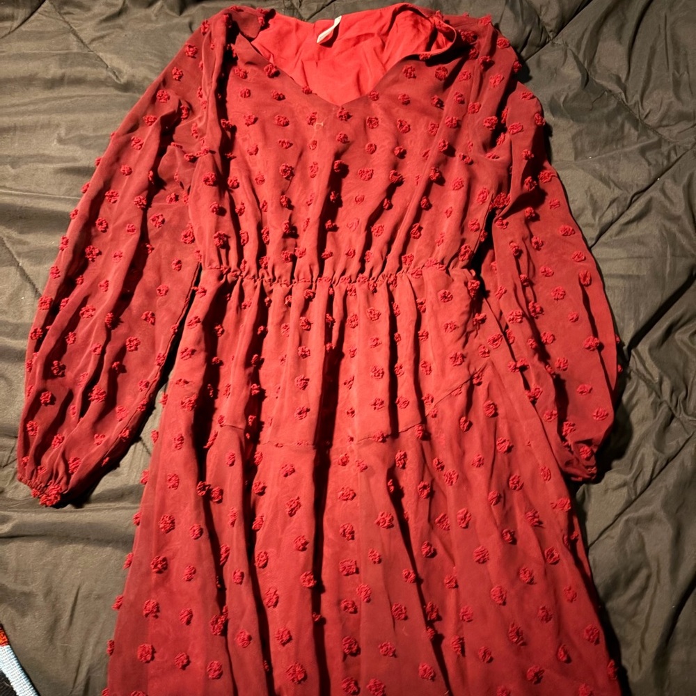 Red Long-Sleeve Textured Dress